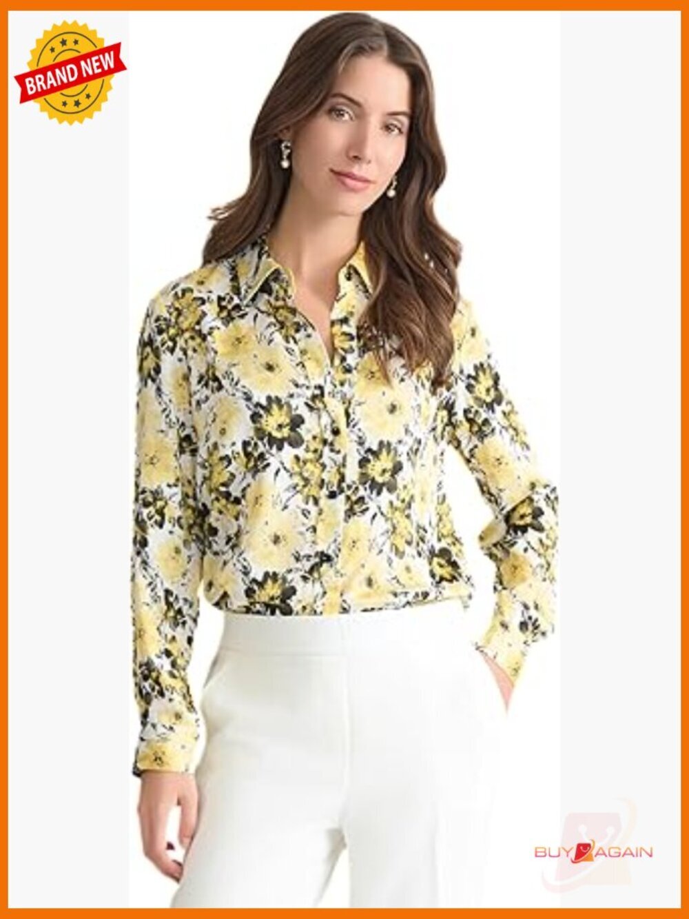 Long Sleeve Printed Satin Button Front Shirt Regular Fit Blouse